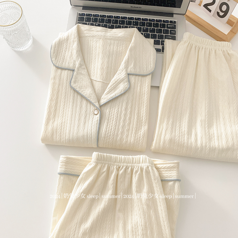 Korean ins Solid Color Simple Style Jacquard Pajamas for Women Summer Casual Girls Pure Cotton Short-Sleeved Three-Piece Home Wear Set