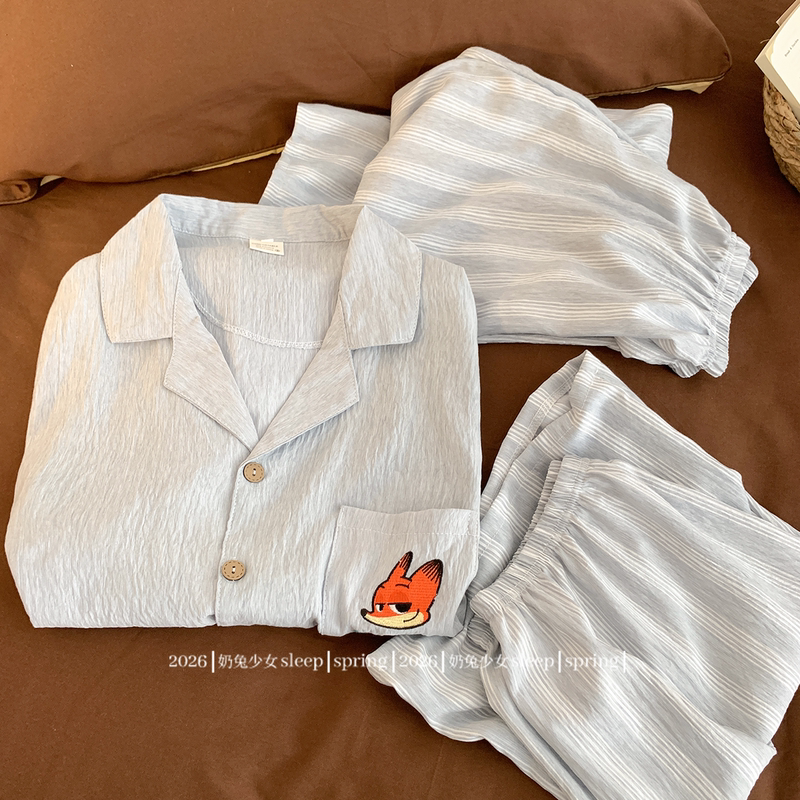 Blue Cartoon Cloud Cotton Pajamas Men's Summer Cool Shirt Collar Couple Three-Piece Home Wear Set 2026 New Style Blue Cartoon Cloud Cotton Pajamas Men's Summer Cool Shirt Collar Couple Three-Piece Home Wear Set 2026 New Style