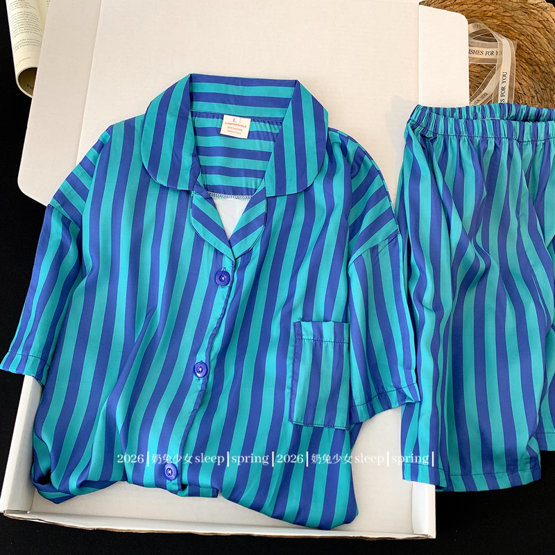 Vacation Style Blue Striped Ice Silk Pajamas for Men, Summer Cool Silk-Like High-End Shirt Collar Men's Loungewear Vacation Style Blue Striped Ice Silk Pajamas for Men, Summer Cool Silk-Like High-End Shirt Collar Men's Loungewear