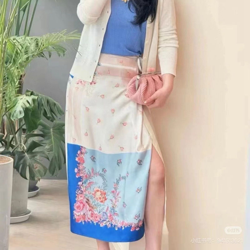Overseas Single-Piece Italian-Style mm Personalized Printed Mulberry Silk Suit, Versatile Round-Neck Long-Sleeved Shirt + Tie-Up Skirt