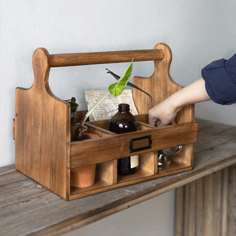 Retro Solid Wood Hand-Held Basket with Multiple Compartments, Portable Table Coffee Table, Remote Control, Green Plant Ornaments, Divided Movable Storage Box
