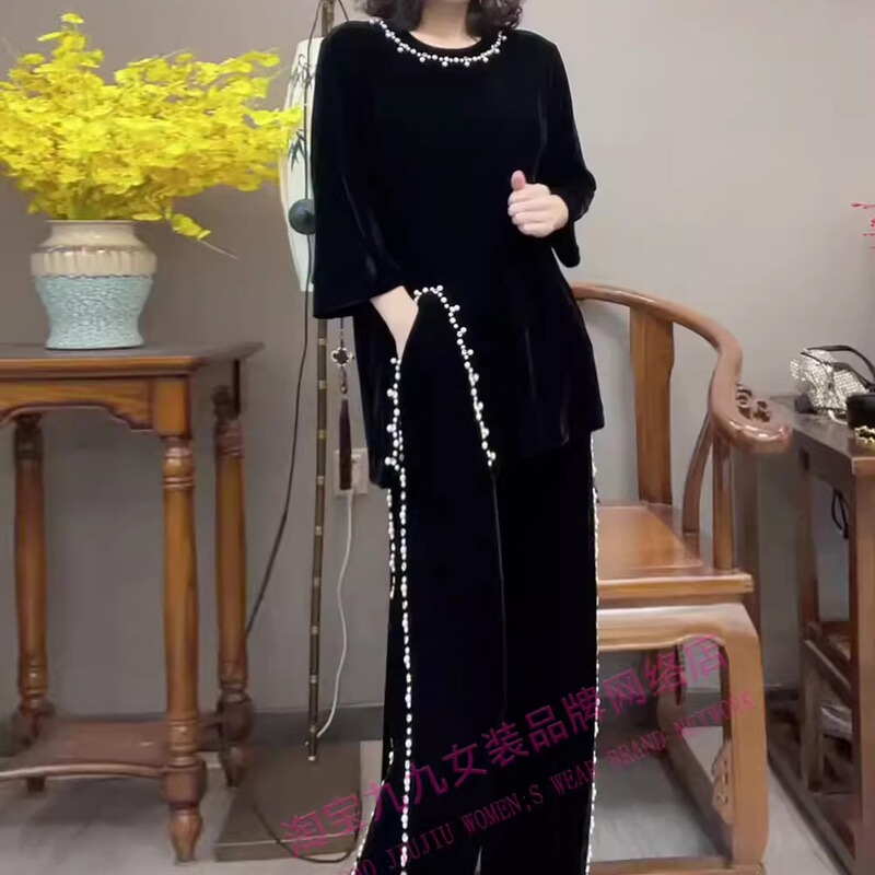 Black Velvet Suit for Women 2025 Autumn New Large Size Loose Slimming Age-Reducing Versatile Wide-Leg Pants Two-Piece Set Black Velvet Suit for Women 2025 Autumn New Large Size Loose Slimming Age-Reducing Versatile Wide-Leg Pants Two-Piece Set