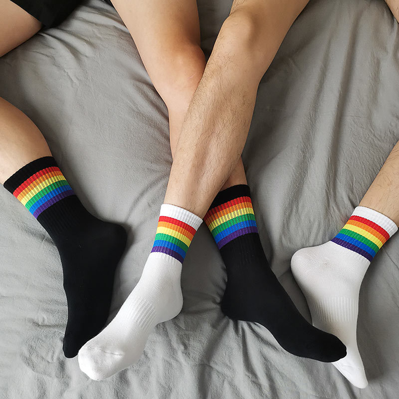 4 Pairs of Six-Color Rainbow Mid-Length Pure Cotton Anti-Odor Men's Socks, White Socks with Six-Color Stripes, Trendy Short Socks