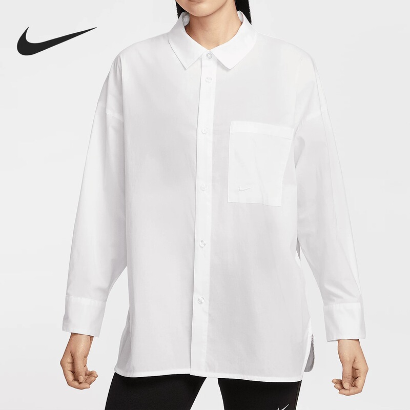 Wenwen Genuine Nike Women's New Loose Long-Sleeved Shirt Poplin Button-Up Top Hj0716-100