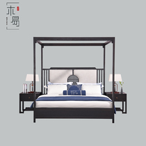  New Chinese style shelf bed Classical zen solid wood bed 1 8 meters master bedroom double bed Bed and breakfast inn model room furniture