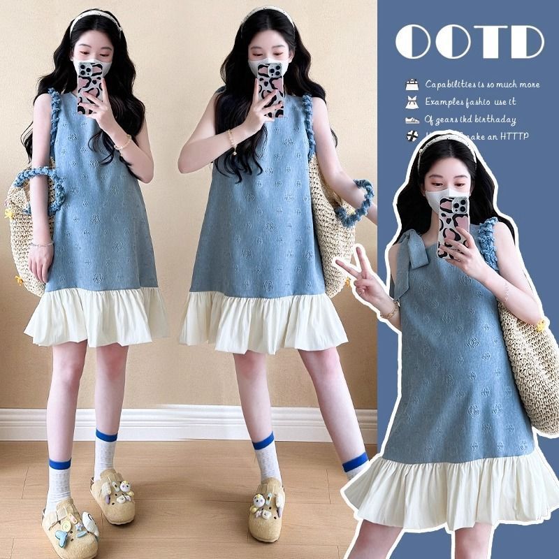 Maternity Dress Summer French Style Sweet Casual Elegant Jacquard Bow Loose Large Size Sleeveless Vest Dress
