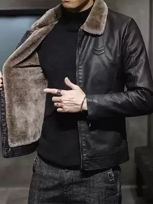 Winter fur one leather leather men goatskin plus velvet padded high-end leather jacket lamb velvet men's coat