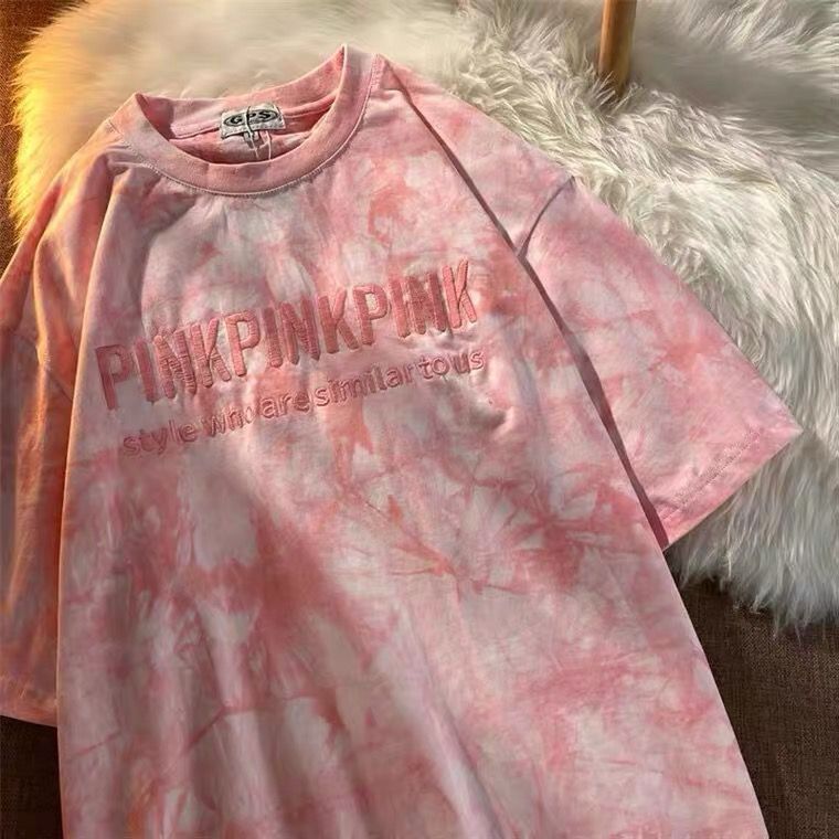 PinkChaopai pure cotton Short sleeve T-shirt female summer Half sleeve easy student 2021 letter Embroidery tie-dyed Couples dress jacket