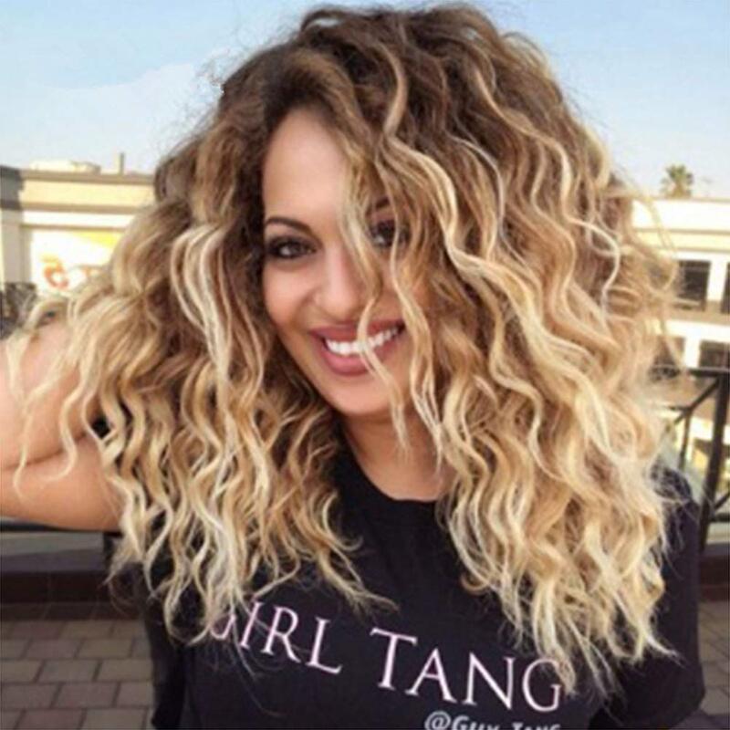 European and American Women's Wigs, Gradient Brown-Gold Long Curly Hair, Rose Net Wig Set, Fluffy African Small Curls, Dyed Wig