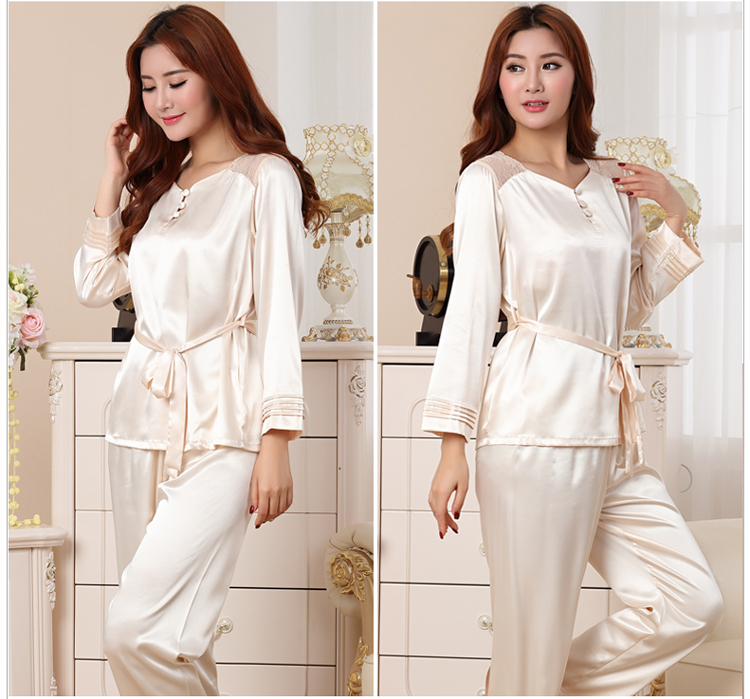 Mùa xuân và mùa thu mới đồ ngủ lụa dài tay trung niên nữ béo MM cộng với chất béo lớn băng lụa phục vụ nhà phù hợp với hai mảnh đồ ngủ phi bóng