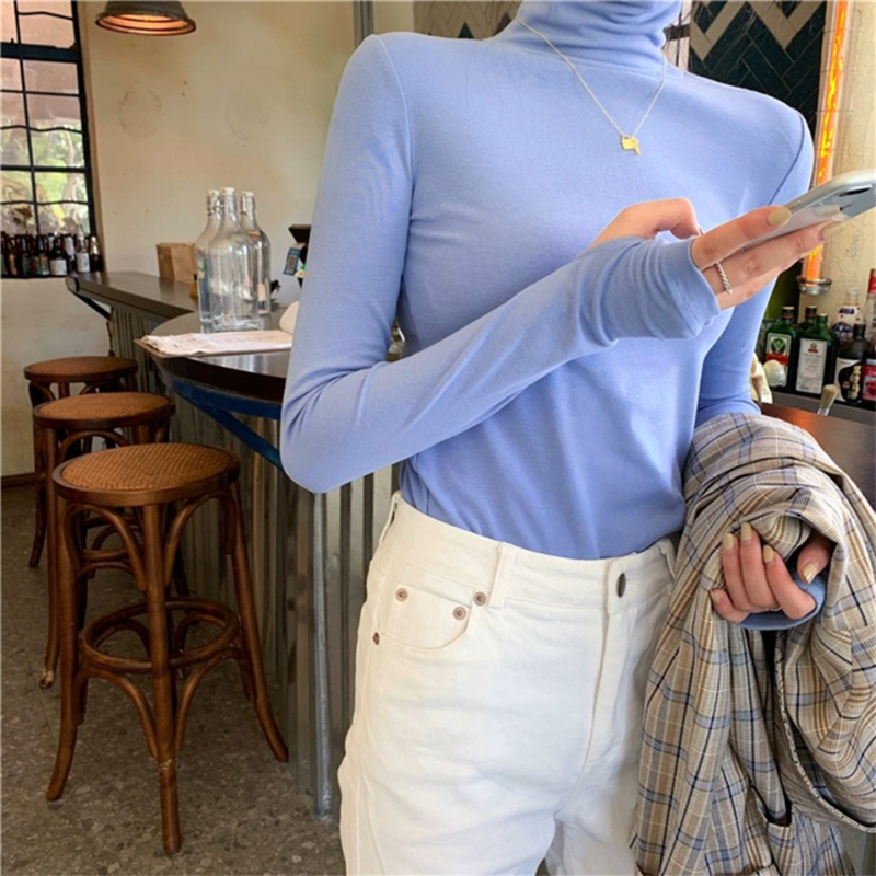 [Off-Season Clearance] Haze Blue Turtleneck Base Layer Top for Women, High-End Slim-Fit Pure Cotton Long-Sleeve T-Shirt