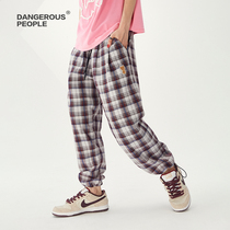 Dangerouspeople Xue Zhiqian DSP bear label plaid drawstring leg trend loose casual woven trousers