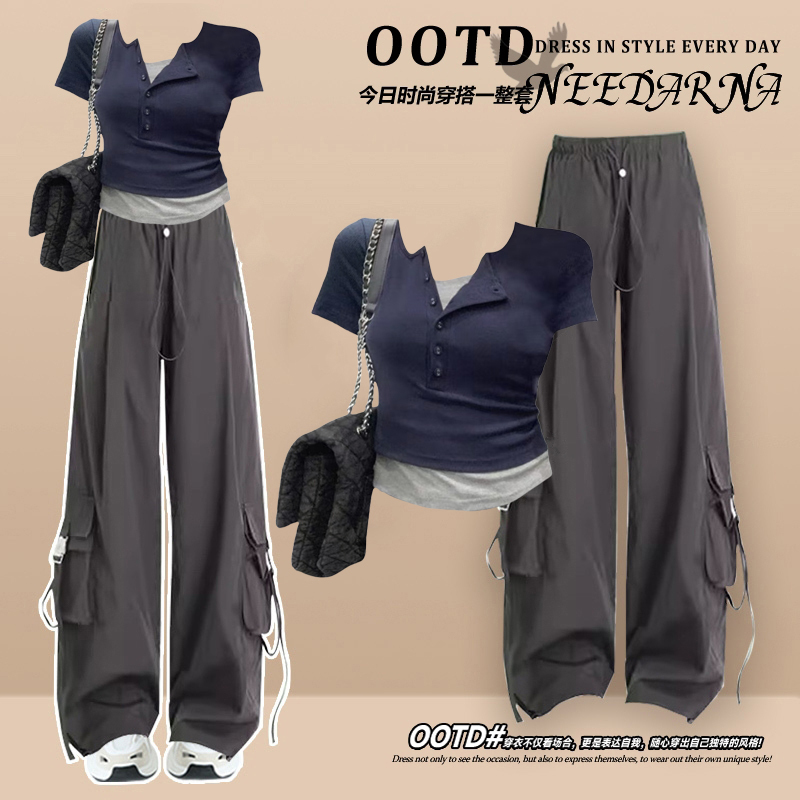 Cool and Stylish Sister-Style Outfit, a Complete Set of Fashionable Pants for Women, Summer Korean Style, Sweet and Spicy Girl, Street Casual Sports Two-Piece Set