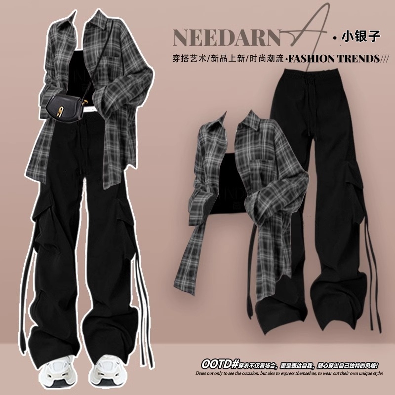 Casual and Sporty, a Cool and Edgy Outfit with a Complete Set of Spring and Autumn Cool and Edgy Street-Style Cargo Pants and Shirt Casual and Sporty, a Cool and Edgy Outfit with a Complete Set of Spring and Autumn Cool and Edgy Street-Style Cargo Pants and Shirt