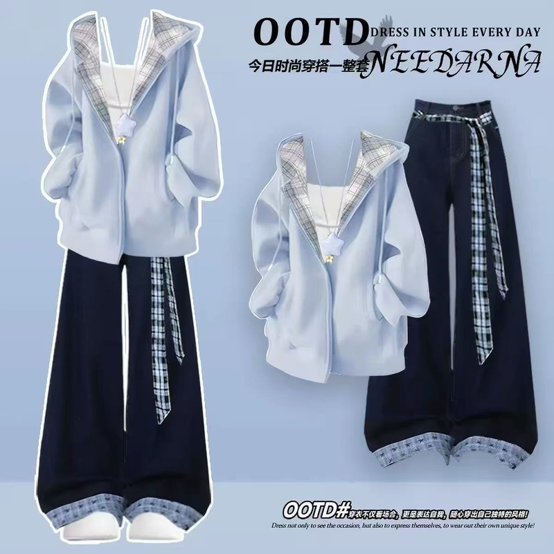 Autumn Ootd College Style Casual Hooded Sweatshirt, Very Nice Autumn Outfit Set, Korean Style Age-Reducing Jeans Autumn Ootd College Style Casual Hooded Sweatshirt, Very Nice Autumn Outfit Set, Korean Style Age-Reducing Jeans