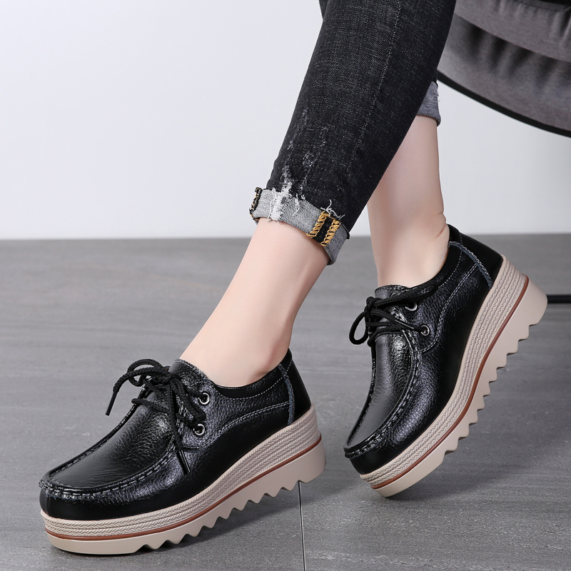 Black & - & Lace UpShoe of sponge cake female spring and autumn new pattern Thick bottom increase Shake the bottom Slope heel Big size British style Small leather shoes female genuine leather Women's Shoes