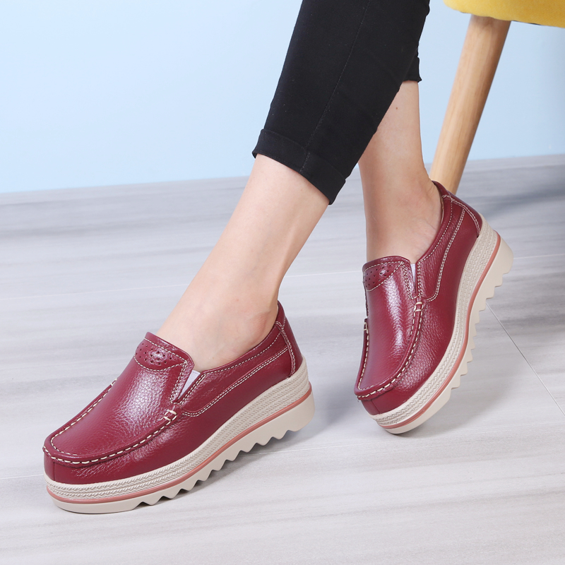 Wine RedShoe of sponge cake female spring and autumn new pattern Thick bottom increase Shake the bottom Slope heel Big size British style Small leather shoes female genuine leather Women's Shoes
