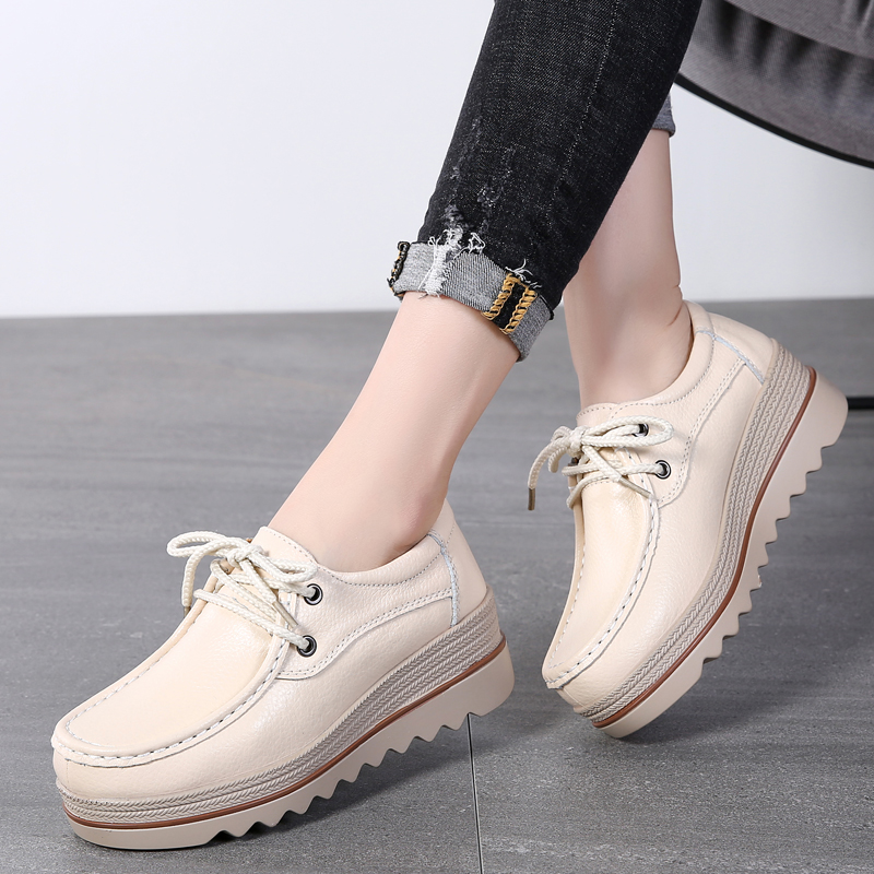 Apricot & Lace UpShoe of sponge cake female spring and autumn new pattern Thick bottom increase Shake the bottom Slope heel Big size British style Small leather shoes female genuine leather Women's Shoes