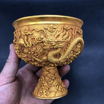 Antique antique miscellaneous collection antique gilt Qianlong year of the Qing Dynasty Double Dragon Playing with Pearls Wine Cup Tribute Cup Special Price