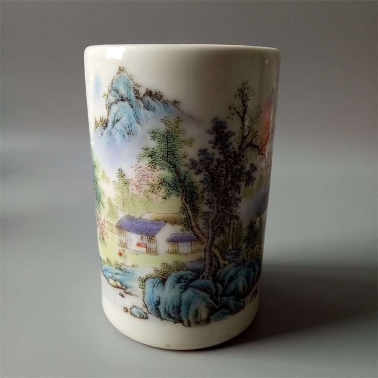 Powder Color Landscape Pen Holder Ancient Play Old Goods Antique Porcelain Wenfang Four Treasure Boutique Home Collection Hem-Taobao