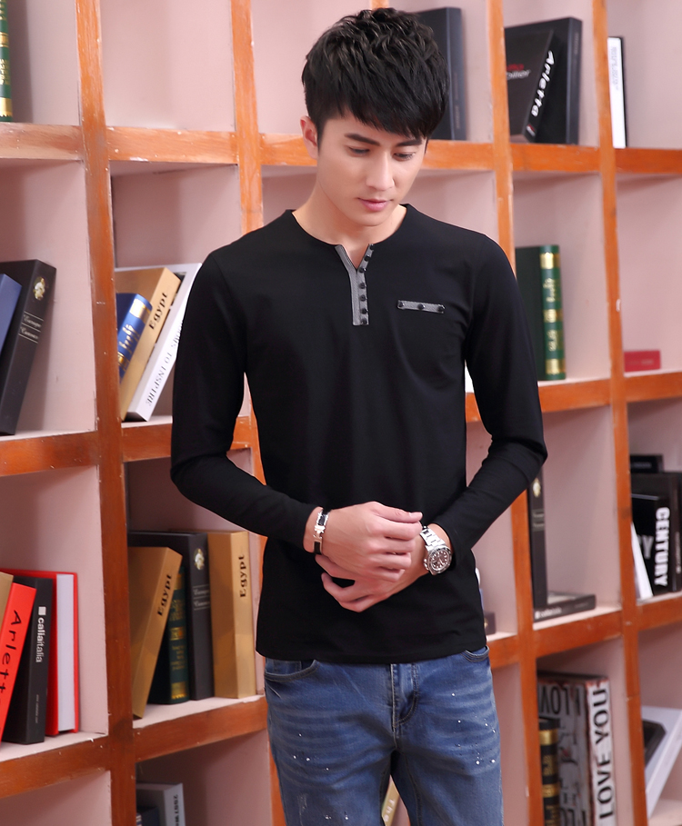 Mùa xuân và mùa thu trục dài áo thun nam tay dài Quần áo mùa thu áo thường mặc 2018 mới mùa thu áo nhỏ đất v vải thun cotton