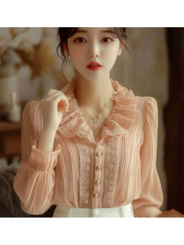 Orange-Pink Lace Collar Lace Blouse for Women, High-End, Light Luxury, Age-Reducing, Stylish, Small Fragrance Style Inner Shirt