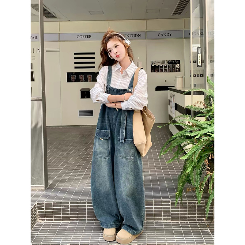 Retro Blue Denim Overalls Set for Pregnant Women, Spring and Summer One-Piece Pants, Stripesd Shirt, Loose Two-Piece Set