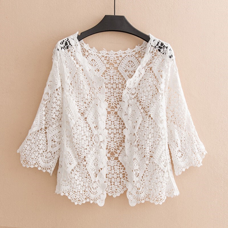 Korean Summer Thin Three-Quarter Sleeve Shawl, New Lace Vest Jacket, Women's Cardigan, Hollow-Out Sun Protection Clothing