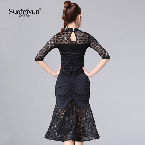 Women's latin dance dresses rhyme Latin dance dress female adult dress lace standing collar Training Dress Dance Dress middle sleeve