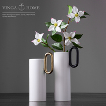 Nordic modern minimalist handle white ceramic vase straight cylindrical decorative cabinet ornaments home interior decorations