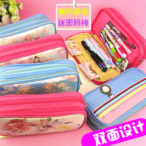 Miracle warm pen bag double-sided cute girl pen bag girl three-layer code lock stationery bag pencil case canvas