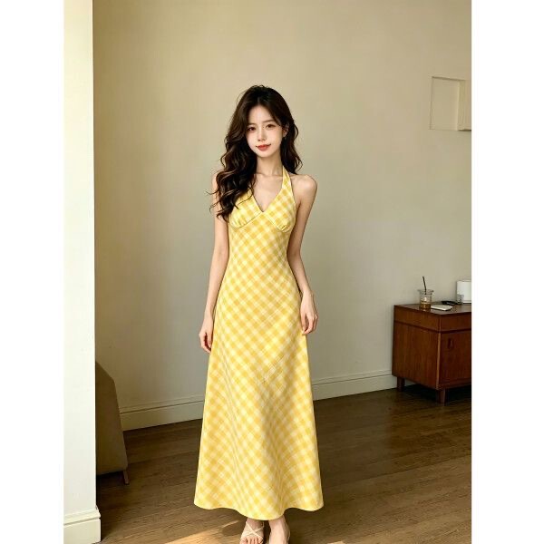 French V-Neck Halterneck Dress for Women 2026 Summer New Design Niche Gentle Holiday Style Yellow Long Dress