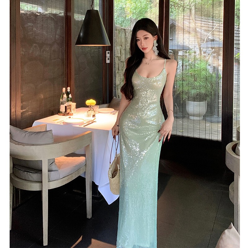 Light Luxury and High-End Green Sequin Dress, Long Dress for Birthday Party, Elegant and Sexy Backless Spaghetti Strap Dress
