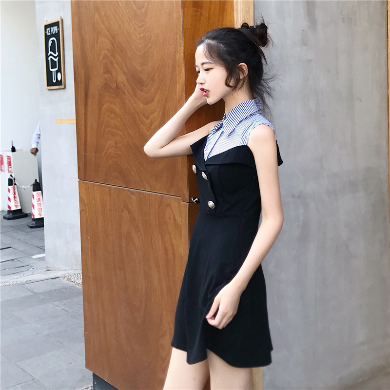DABI 韓國風條紋拼接露肩修身排扣時尚短袖洋裝