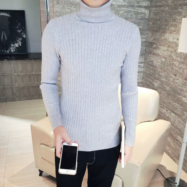 Ngủ nam Slim Slim Đen trắng cao cổ áo len ấm áp đan áo sơ mi dài tay bó sát