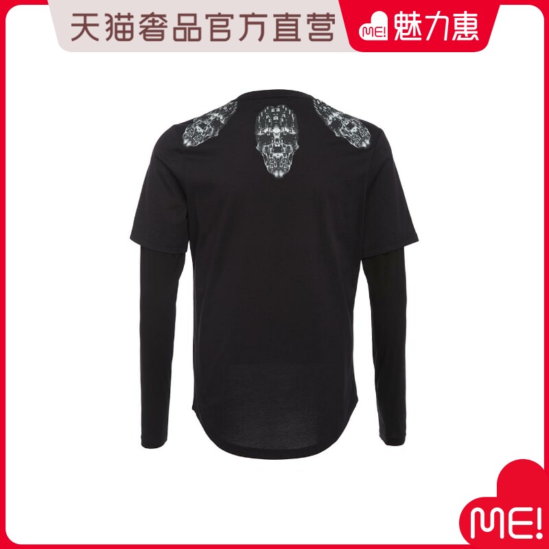 blackgateone black cotton skull round neck stitching long-sleeved men's T-shirt tide brand handsome