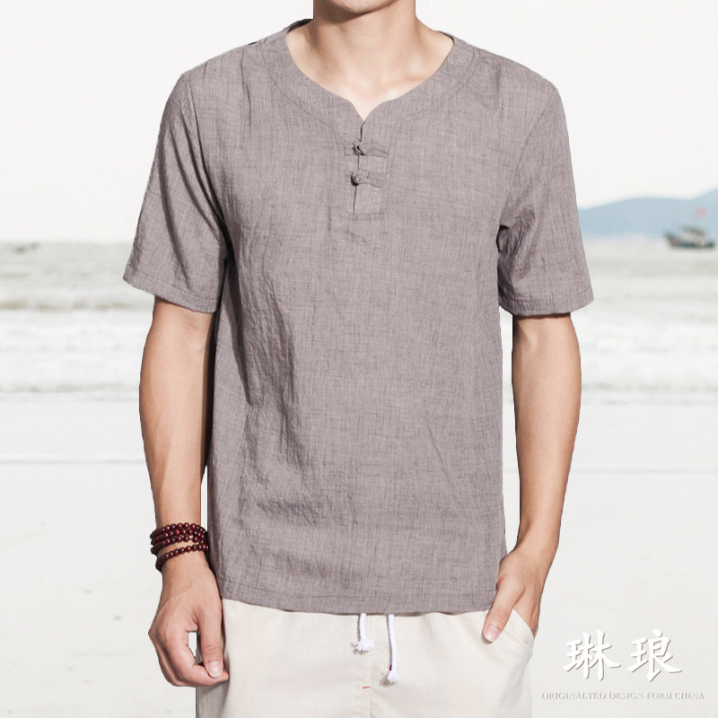 2017夏季新款男士亚麻t恤刺绣复古中国风印花棉麻短袖男宽松薄款