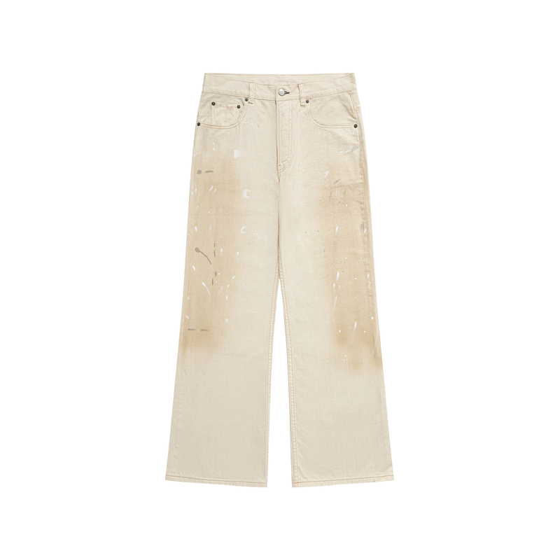 Roaring Little Eyes Ac2021 Splatter Ink Washed Distressed Mud-Dyed Dirty Straight-Leg White Jeans Unisex