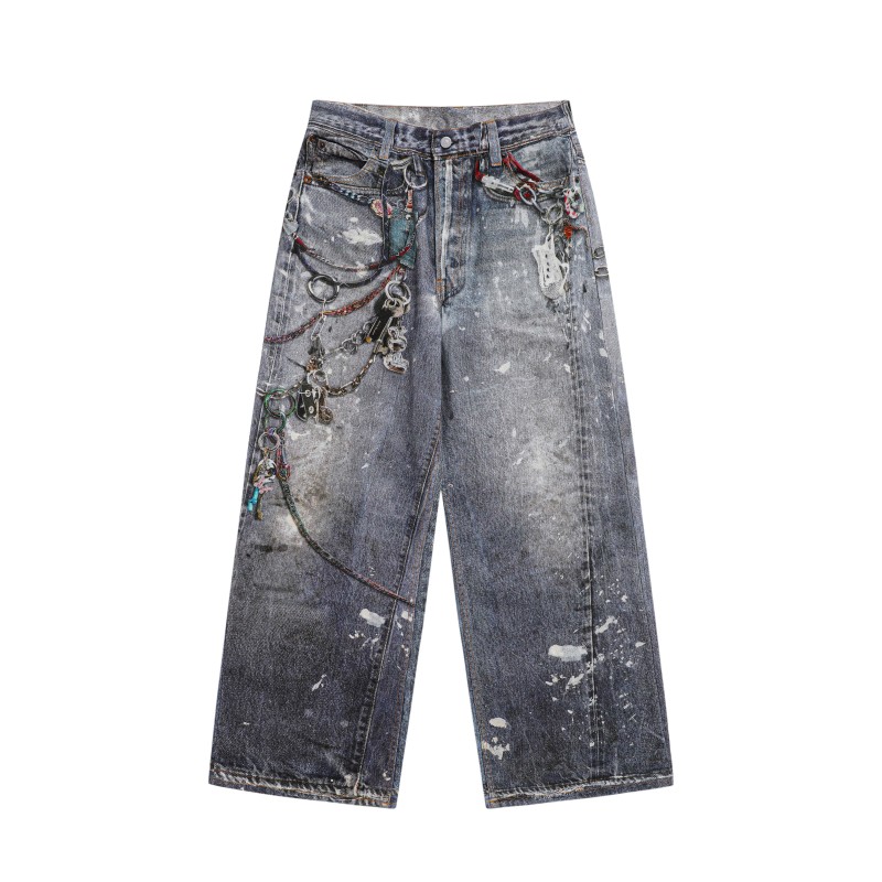 [Exclusive Weight] Ac Cow King 1981m Washed Distressed 3D Digital Print Chain Print Baggy Jeans