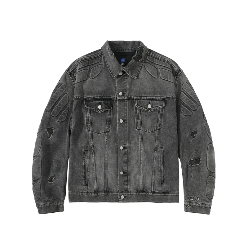 Roaring Little Eyes Yeezy Washed Black Destroyed Armor Loose High Street Denim Jacket Kanye Same Style