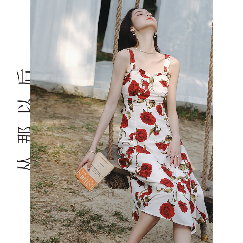 Rose Chanson Floral Dress Women's Summer Rose Sling Dress French Red Vintage Long Dress
