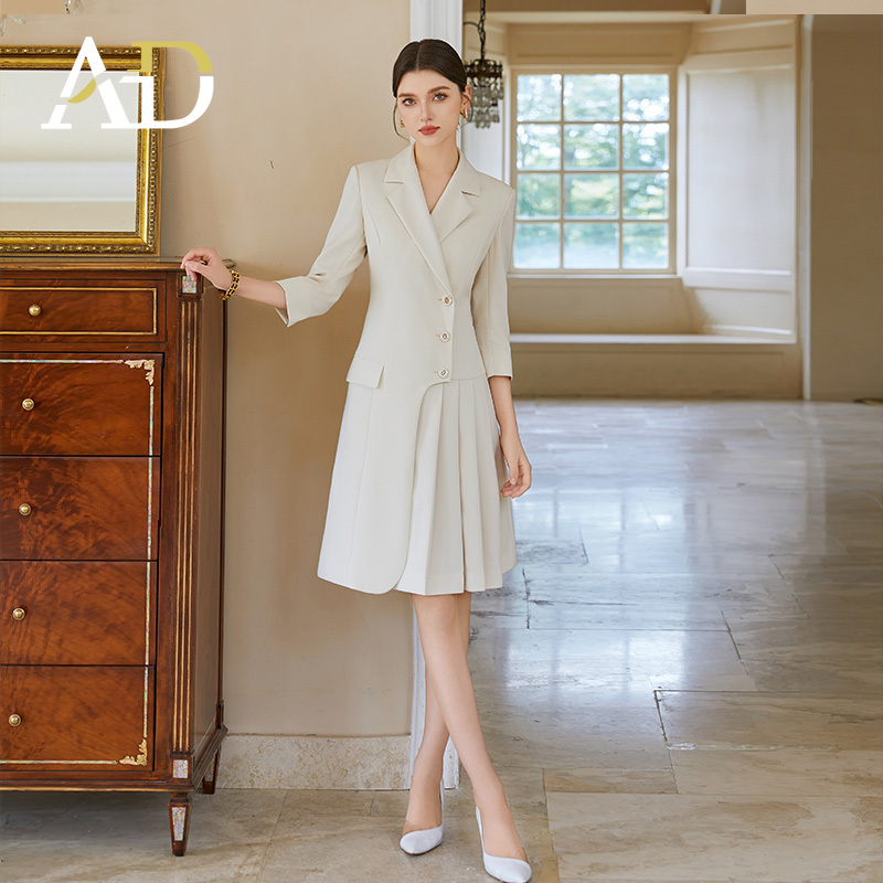 Ad High-End Beige Professional Suit Dress Female Host Interview Formal Workwear Mid-Length Pleated Skirt Ad High-End Beige Professional Suit Dress Female Host Interview Formal Workwear Mid-Length Pleated Skirt