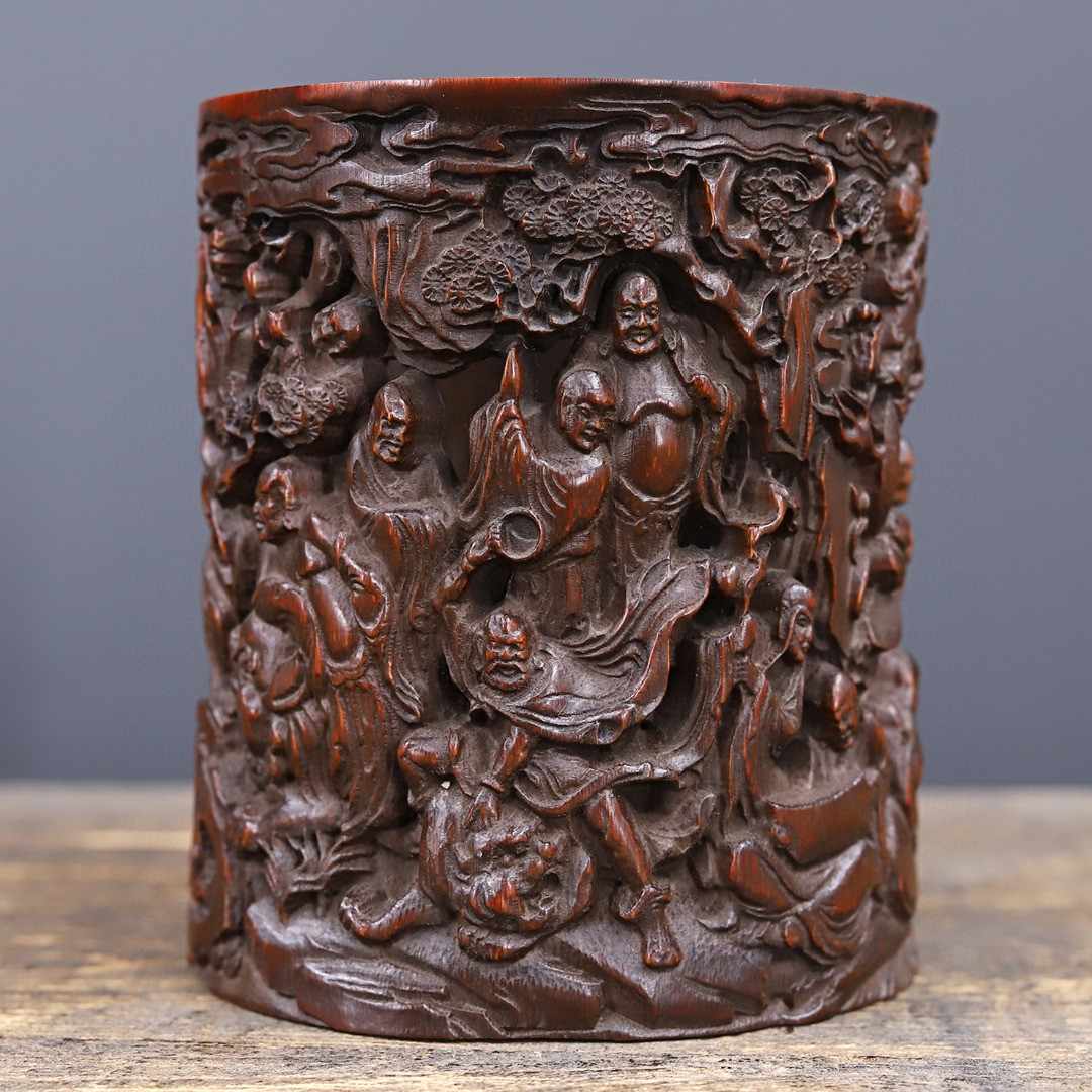 竹筆筒 書道具 文房用具 竹雕刻 竹製物 中國古美術 高 16cm 人物彫竹筆筒 文化遺産オンライン