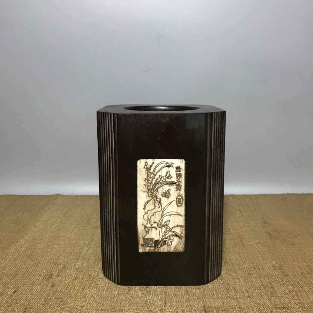 A carved inscribed bamboo 'plum tree' brush pot Qing dynasty