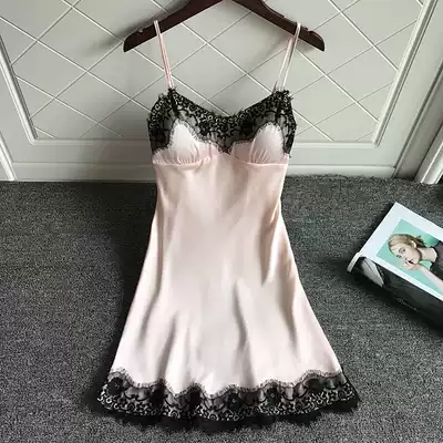 Japanese silk pajamas women with chest pads suspenders sexy embroidered nightgowns Adult ice silk summer small breasts gathered hot