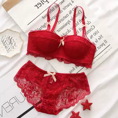 Big red underwear set without steel rims Female bras gather small breasts sexy upper chest wedding beautiful back lace