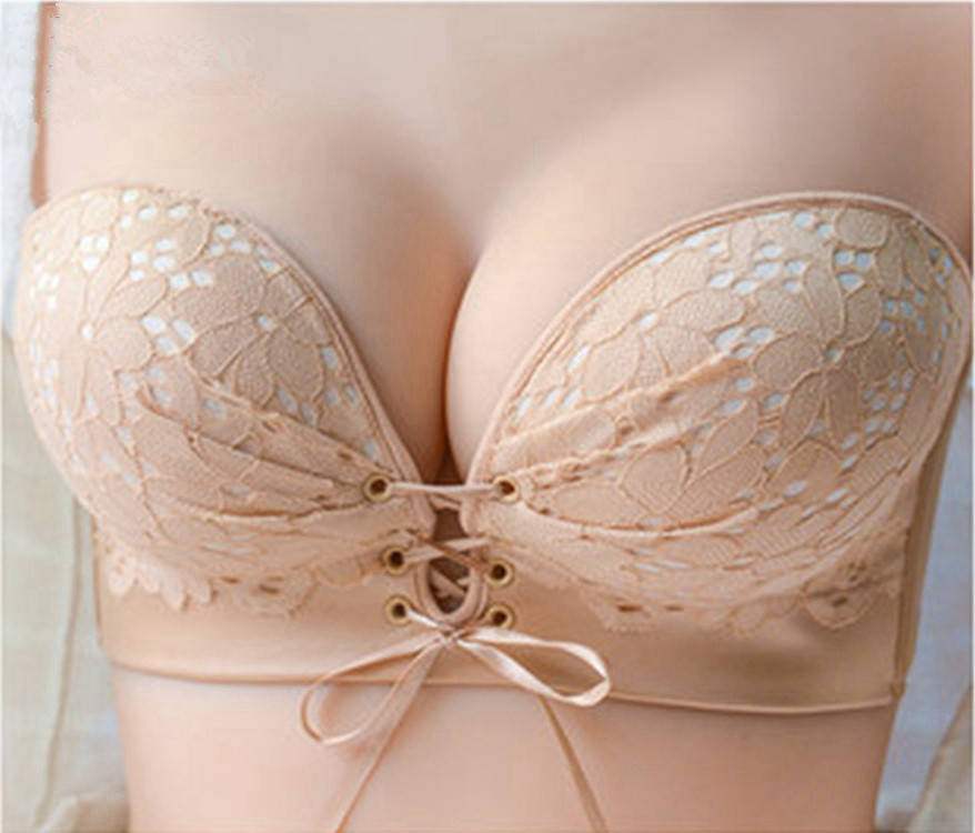 Japanese strapless bra women without steel ring small chest gathering non-slip upper back lace sexy drawstring underwear