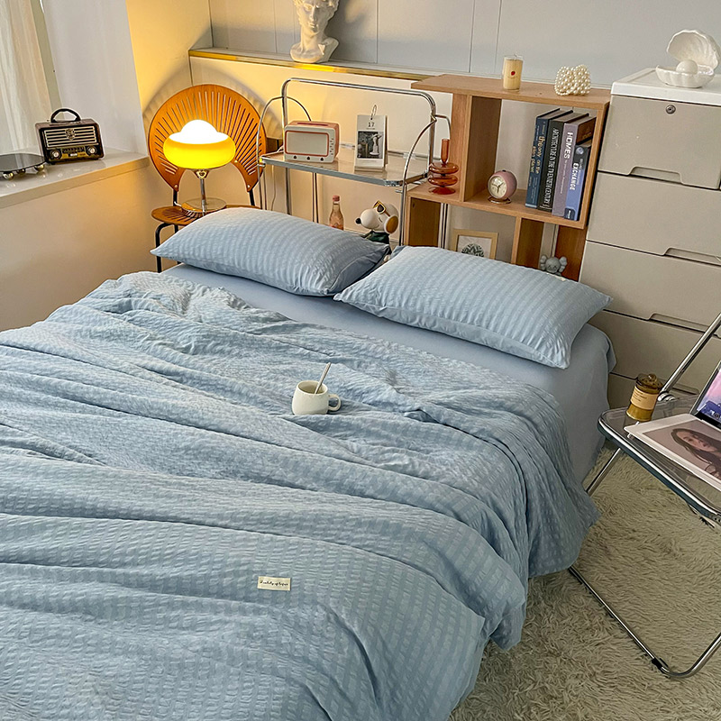 ins light blue seersucker summer cool quilt four-piece girl heart solid color bed sheet student dormitory bed three-piece set 4