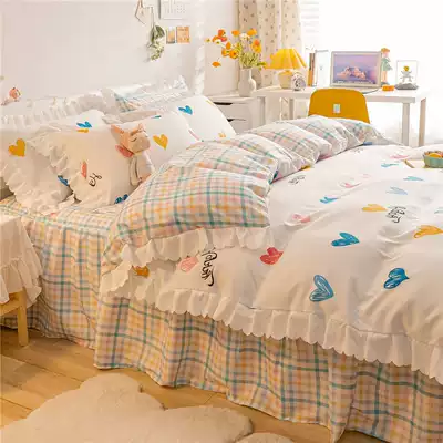 Korean version of fairy wind bed four-piece summer Net red ins cotton cotton bed skirt quilt cover three-piece bed hat 1 8