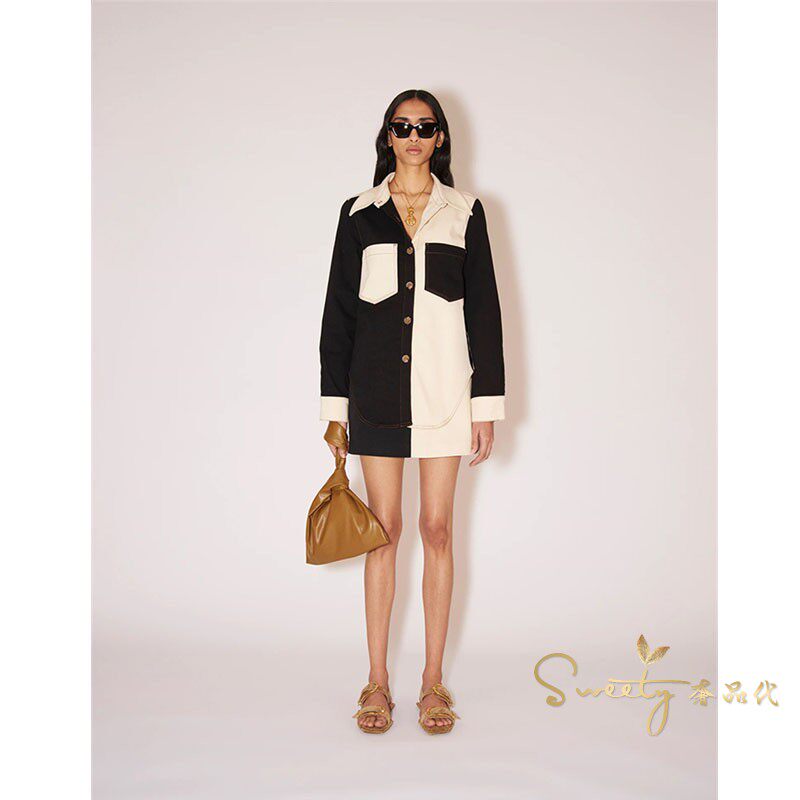 Small number of spot Nanushka 21 autumn winter new black and white splicing eco-friendly leather PU pocket denim shirt woman